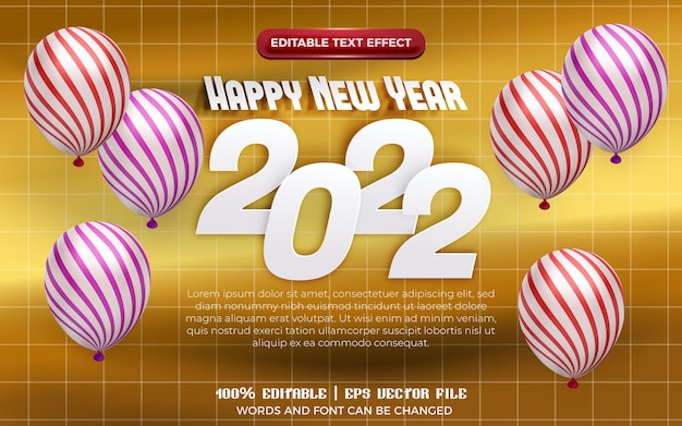 Feliz año nuevo 2022 papel blanco cortado efecto de texto editable 3d con globo de patrón sobre fondo dorado