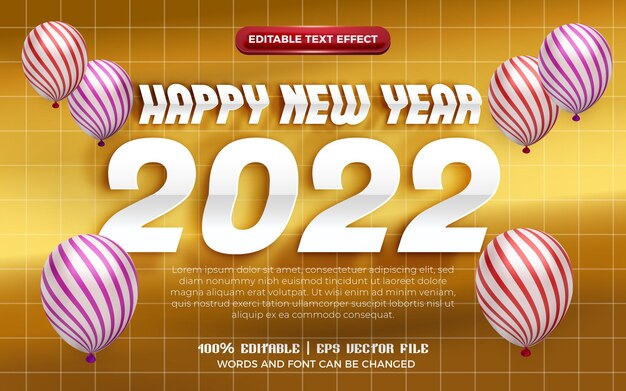 Feliz año nuevo 2022 papel de origami blanco cortado efecto de texto editable 3d con globo de patrón sobre fondo dorado