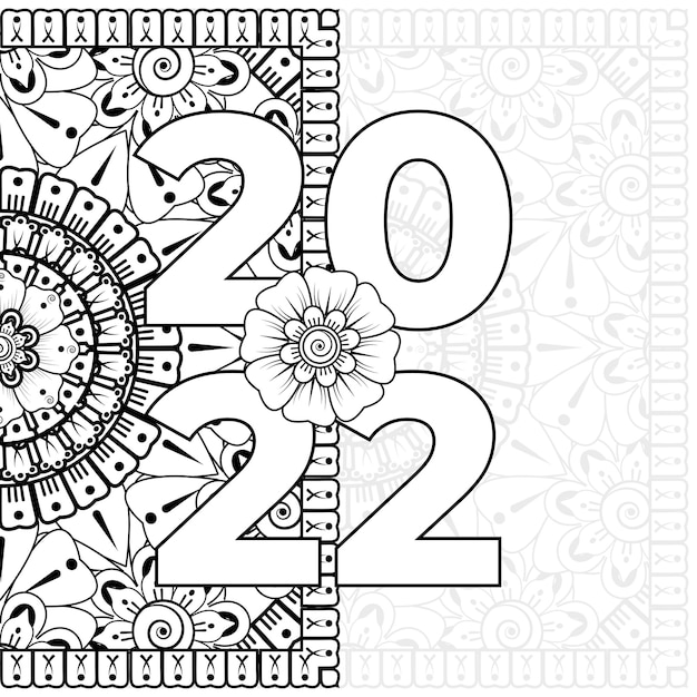 Vector feliz año nuevo 2022 plantilla de banner o tarjeta con flor mehndi