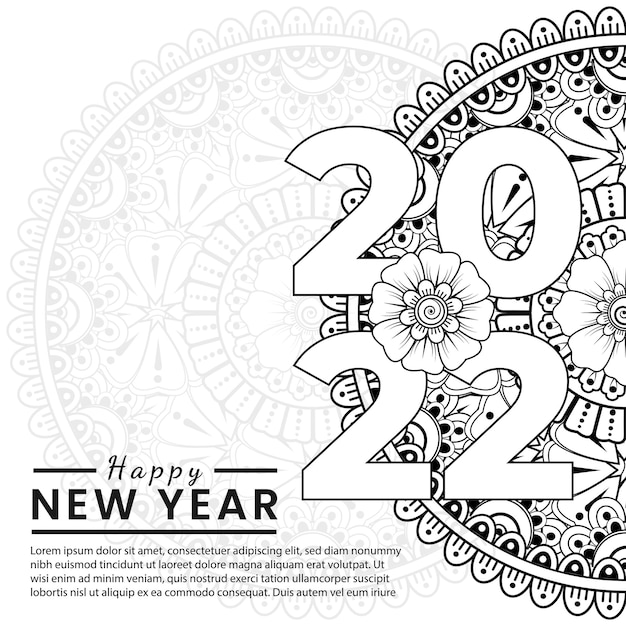 Feliz año nuevo 2022 plantilla de banner o tarjeta con flor mehndi