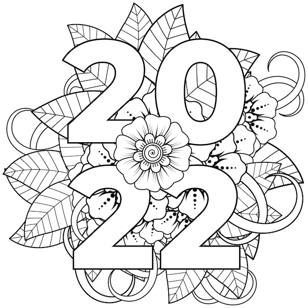 Feliz año nuevo 2022 plantilla de banner o tarjeta con flor mehndi
