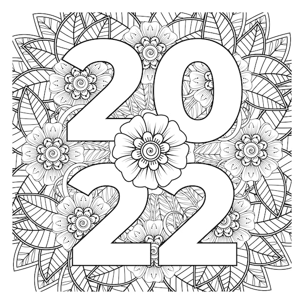 Feliz año nuevo 2022 plantilla de banner o tarjeta con flor mehndi