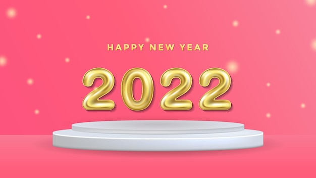 Feliz año nuevo 2022 Plantilla de fondo en el podio Minimalista 2022 Números de globos de helio de oro
