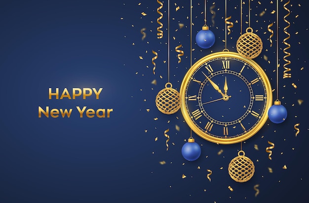 Feliz año nuevo 2022. reloj dorado brillante con números romanos y cuenta regresiva de medianoche, víspera de año nuevo. fondo con brillantes bolas de oro y azules. feliz navidad. vacaciones de navidad. ilustración vectorial.