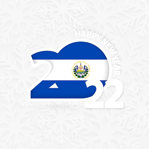 Feliz año nuevo 2022 para El Salvador sobre fondo de copo de nieve.