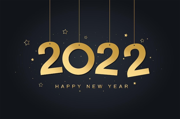 Feliz año nuevo 2022 tarjeta de felicitación colgando números dorados 2022