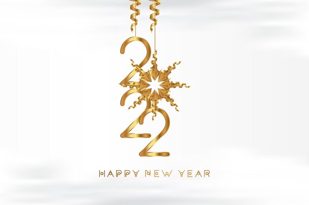 Feliz año nuevo 2022. Tarjeta de felicitación festiva con números dorados y cintas sobre un fondo blanco. Ilustración de vector plano EPS10