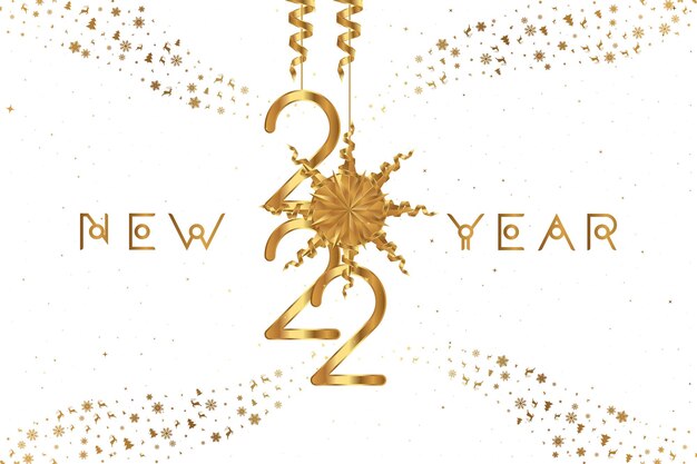Feliz año nuevo 2022. Tarjeta de felicitación festiva con números dorados y cintas sobre un fondo blanco. Ilustración de vector plano EPS10