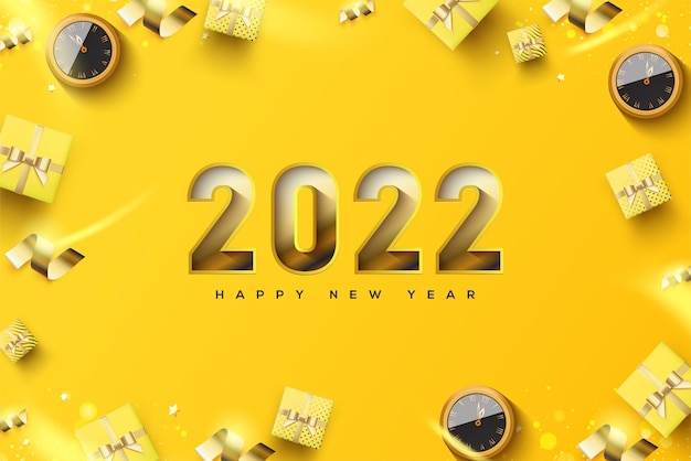 Feliz año nuevo 2022 con tema amarillo de lujo