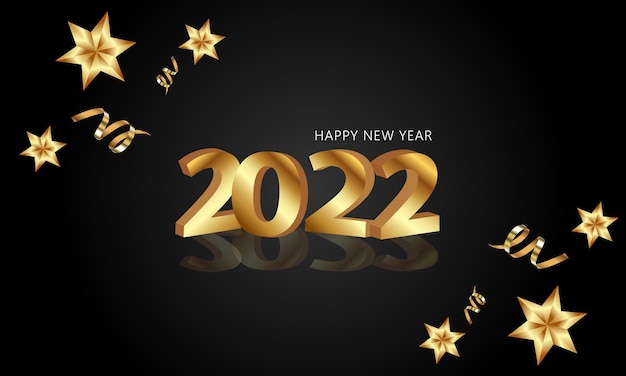 Feliz año nuevo 2022 Texto dorado elegante con estrellas y confeti.