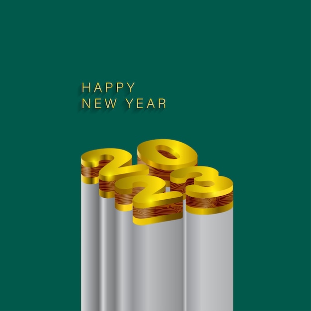 feliz año nuevo 2023 3d lujo oro y madera, ilustración vectorial