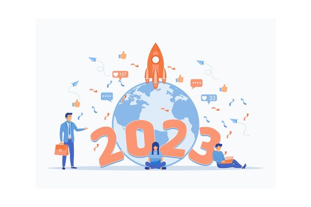 Feliz año nuevo 2023 Año nuevo de nuevos descubrimientos y logros vector plano ilustración moderna