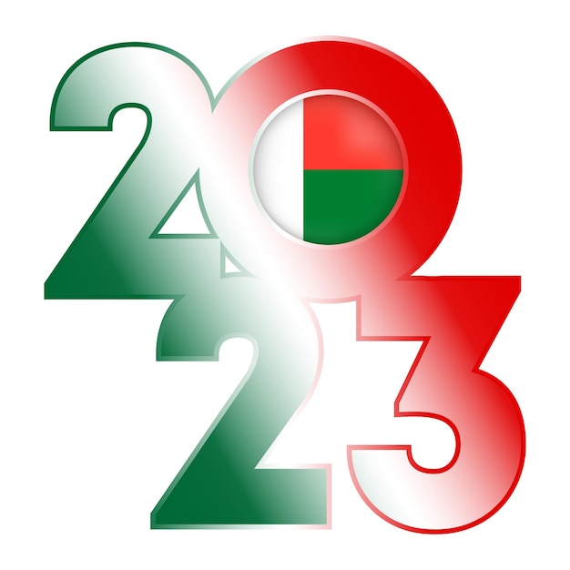 Feliz Año Nuevo 2023 banner con bandera de Madagascar dentro de ilustración vectorial