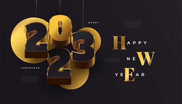 Feliz año nuevo 2023 Banner con números 3D negros y dorados colgantes aislados sobre fondo negro 2023 Diseño de año nuevo para cartel de banner o tarjeta de felicitación