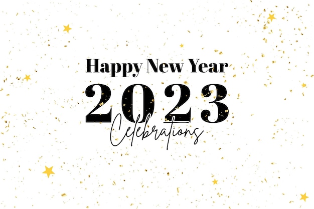 Feliz año nuevo 2023. banner web vectorial, póster, tarjeta de felicitación logo dorado 2023 sobre fondo blanco ingenio