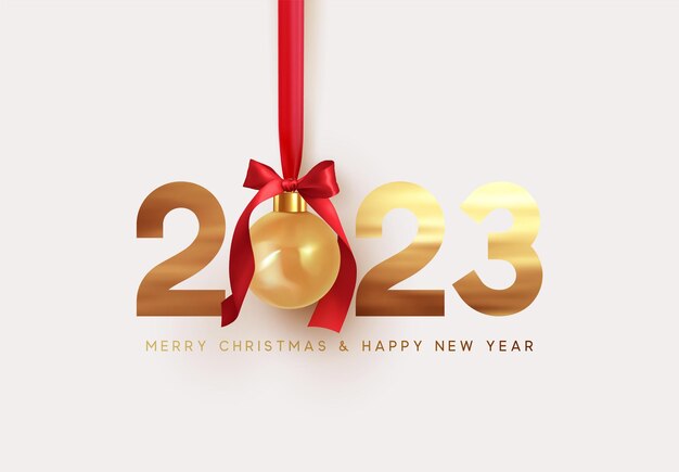 Feliz Año Nuevo 2023. Bola de adorno realista colgante en cinta roja con lazo. Números de metal dorado 2023. Tarjeta de regalo de vacaciones. Adorno de Navidad colgando. Fondo de saludo de año nuevo. ilustración vectorial