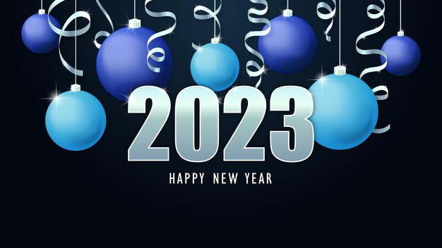 Feliz año nuevo 2023. Bolas navideñas azules y cian y serpentina plateada. ilustración vectorial