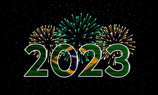 Feliz Año Nuevo 2023 Brasil 2023 Fondo de Año Nuevo con bandera nacional de Brasil y fuegos artificiales