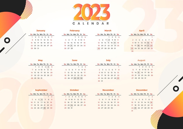 Vector feliz año nuevo 2023 calendario. calendario de pared 2023.