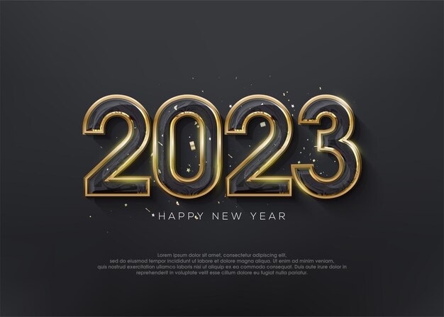 Feliz año nuevo 2023 cartel de banner de diseño de vector de fondo con elegante color dorado de lujo