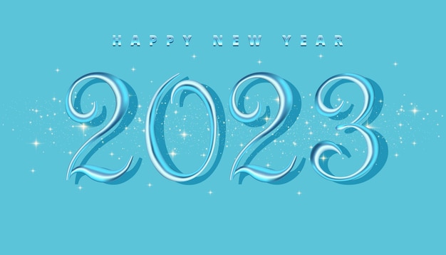 Feliz año nuevo 2023 cielo azul congeló vector de tarjeta de saludos de texto de color