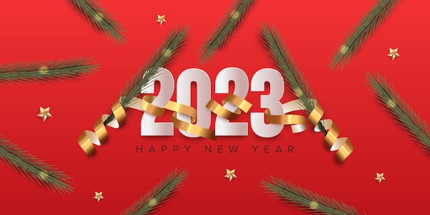 Feliz año nuevo 2023 con cinta dorada sobre fondo rojo.