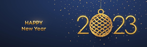 Feliz año nuevo 2023 colgando números metálicos dorados 2023 con adorno de bola de oro 3d brillante y confeti sobre fondo azul plantilla de encabezado de banner de tarjeta de felicitación de año nuevo ilustración vectorial