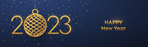 Feliz Año Nuevo 2023 Colgando Números metálicos dorados 2023 con adorno de bola de oro 3D brillante y confeti sobre fondo azul Plantilla de encabezado de banner de tarjeta de felicitación de Año Nuevo Ilustración vectorial