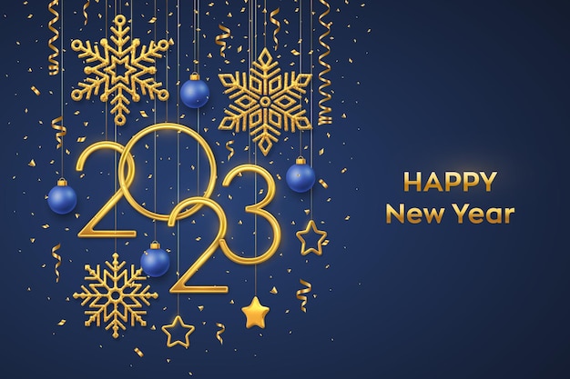 Feliz Año Nuevo 2023 Colgando Números metálicos dorados 2023 con copos de nieve brillantes Bolas de estrellas metálicas 3D y confeti sobre fondo azul Tarjeta de felicitación de Año Nuevo o plantilla de banner Vector