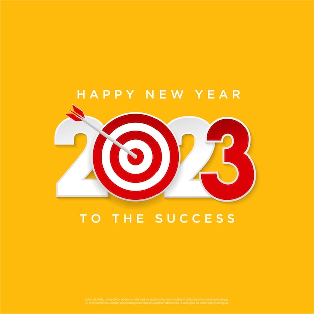 Feliz año nuevo 2023 concepto. tarjeta de felicitación y objetivo redondo con flecha. fondo cuadrado.