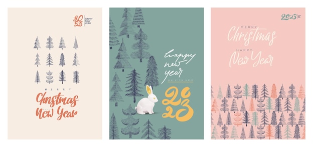 Feliz año nuevo 2023 Conjunto de plantilla cuadrada de Año Nuevo 2023 para tarjeta de portada de calendario y publicación de medios 2023 logotipo de tipografía de letras vectoriales Colección de árboles de Navidad en colores pastel