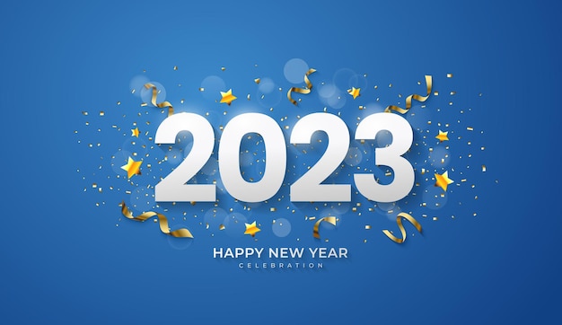 Feliz Año Nuevo 2023. decoración festiva realista. Celebra la fiesta 2023 sobre fondo azul.