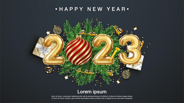 Feliz Año Nuevo 2023. decoración realista con globos. Celebra la fiesta 2023 sobre fondo negro