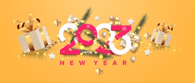 Feliz año nuevo 2023 con decoración sobre fondo amarillo.