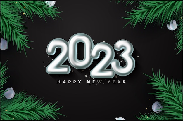 Vector feliz año nuevo 2023 con decoración de tallo de hoja de celebración.