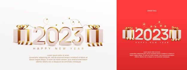 Feliz año nuevo 2023 Diseño festivo con caja de regalo de decoración navideña y cinta