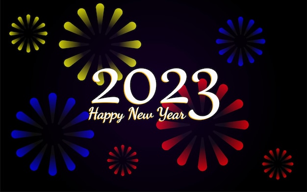 Feliz año nuevo 2023 diseño de fuegos artificiales coloridos fiesta tarjeta de felicitación 2023 fondo de celebración navideña