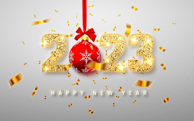 Feliz Año Nuevo 2023 Diseño de números dorados de tarjeta de felicitación con bola de Navidad de confeti brillante cayendo y lazo rojo Ilustración vectorial