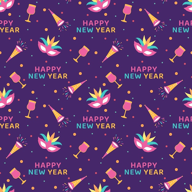 Feliz año nuevo 2023 Diseño de patrones sin fisuras con decoración en ilustración plana de dibujos animados dibujados a mano