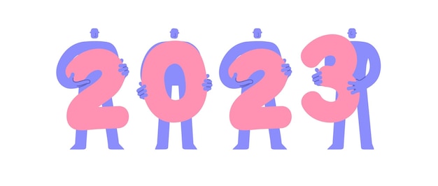 Feliz año nuevo 2023 diseño de texto trendy flat modern people holding 2023 texto estilo cómico de dibujos animados