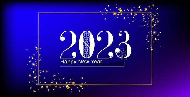 Vector feliz año nuevo 2023 diseño de tipografía de texto con fondo de tono azul