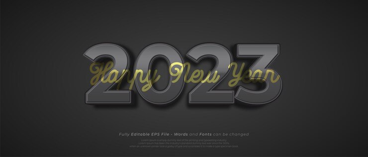 Vector feliz año nuevo 2023 en edición negra título de texto de estilo 3d editable