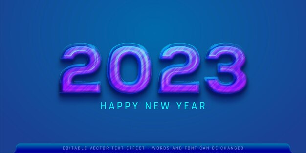 Feliz año nuevo 2023 con efecto de cristal sobre fondo azul.