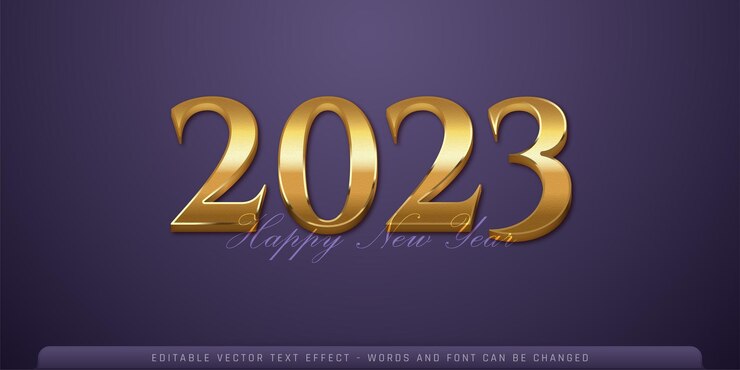 Vector feliz año nuevo 2023 con efecto de cristal sobre fondo azul.