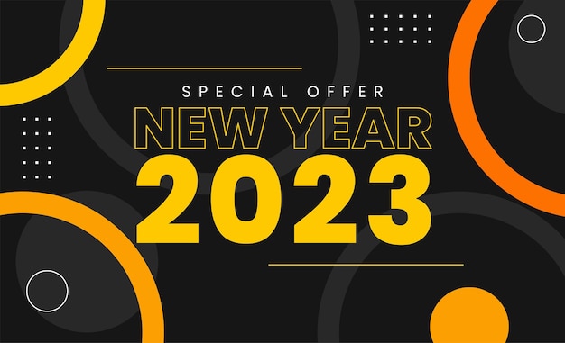 Feliz año nuevo 2023. elegante texto amarillo con adorno de círculo abstracto.