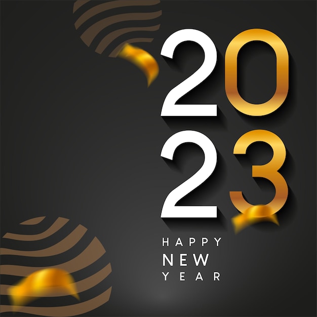 Feliz Año Nuevo 2023 con elementos vectoriales de color dorado de diseño de texto de fondo negro aislados para calendario y tarjeta de felicitación