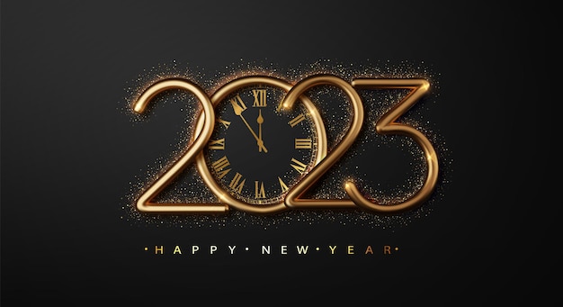 Feliz año nuevo 2023 con esfera de reloj y destellos de brillo dorado sobre fondo negro Logotipo de números metálicos dorados realistas 2023