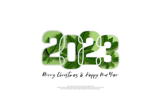 Feliz año nuevo 2023 y feliz día de navidad Diseño de hojas verdes dentro del número sobre fondo blanco