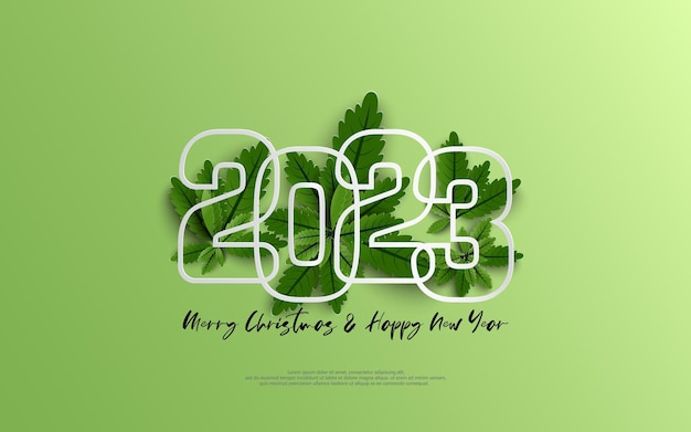 Vector feliz año nuevo 2023 y feliz día de navidad esquema de número de diseño en grupo de hojas verdes sobre fondo verde degradado