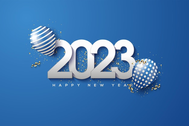 Feliz año nuevo 2023 con fondo azul y vector de globos azules 3d realistas